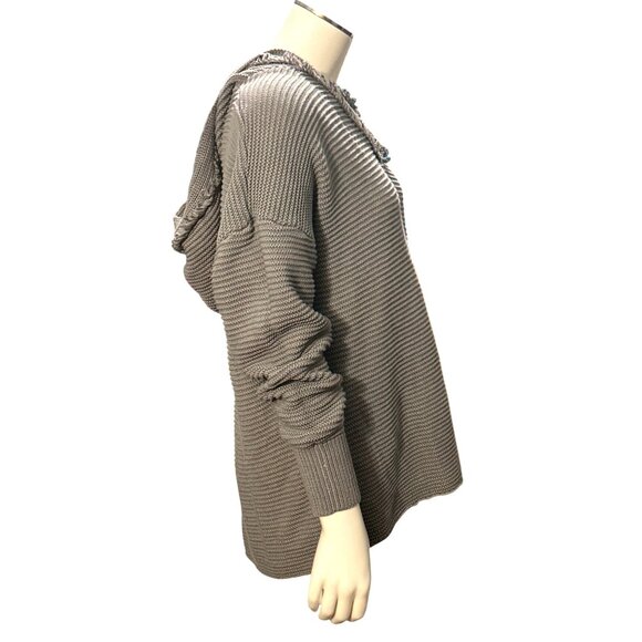 CCC Long Sleeve Hoodie Ribbed Cozy Gray Knit Pullover Sweater Fringed V Neck LG - Picture 6 of 10